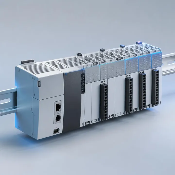 Automate programmable industriel avec modules d'entrées-sorties sur rail DIN