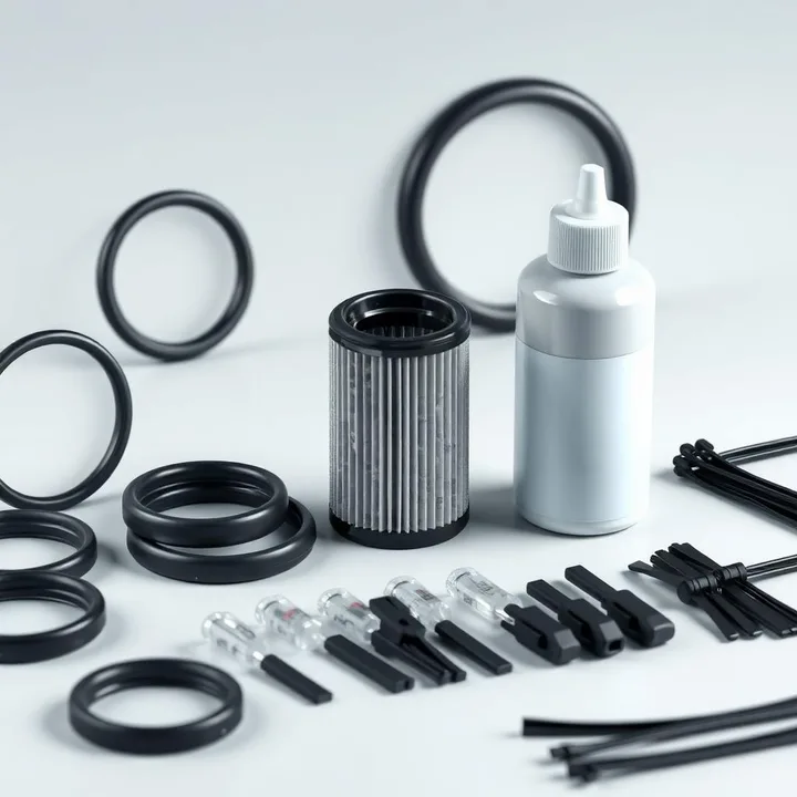 Consommables de maintenance organisés : joints, filtre, lubrifiant technique, fusibles et colliers