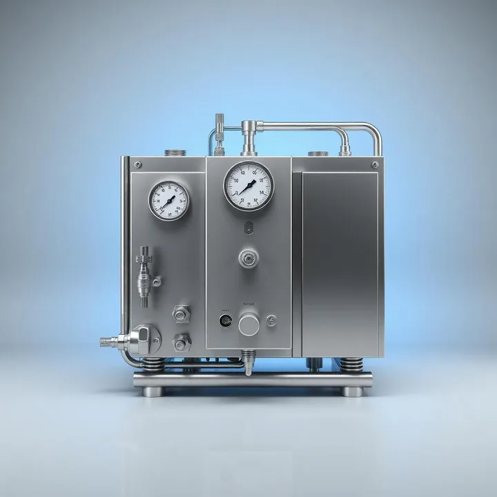 Équipement industriel en acier inoxydable avec manomètres et vannes techniques