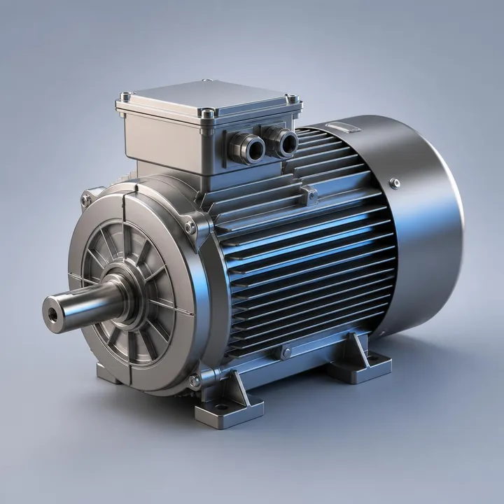 Moteur électrique industriel en vue trois-quarts avec détails métalliques