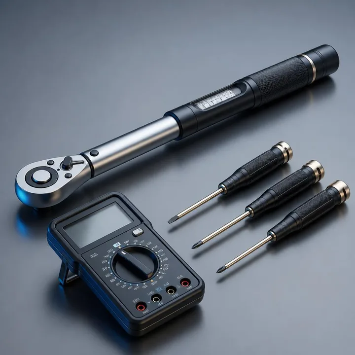 Outillage professionnel de maintenance : clé dynamométrique, multimètre et tournevis de précision