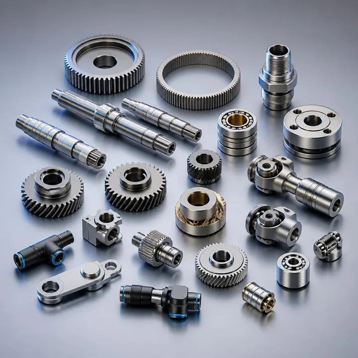 Assemblage de pièces mécaniques industrielles : engrenages, connecteurs et composants techniques